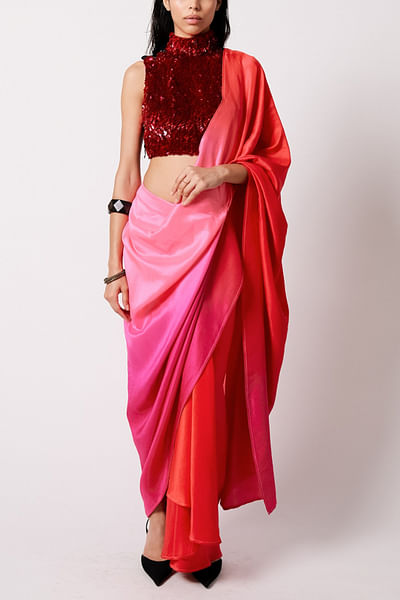 Ombre pink godet sari