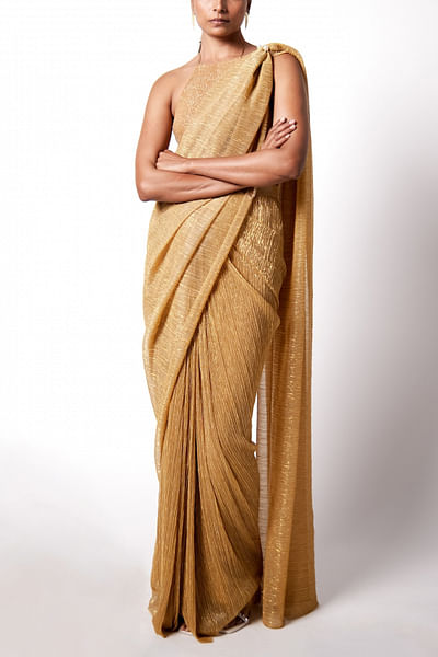 Gold pre-draped sari and top