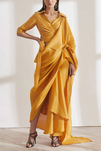 Ochre yellow godet sari set