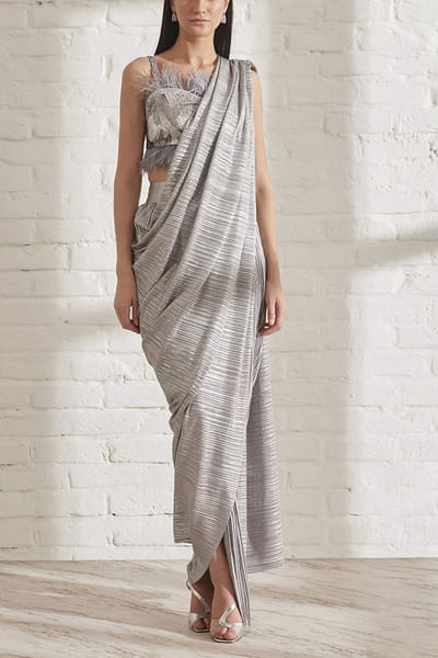 Grey silver sari set