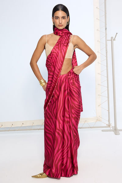 Pink and maroon zebra print sari