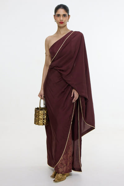 Ekaya Garnet pre-draped silk sari set EKAJAN26D337364
