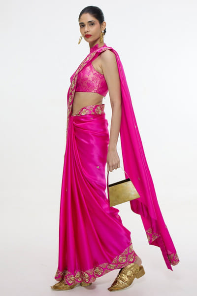Fuchsia embroidered sari set