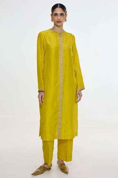 Mustard handwoven silk kurta set