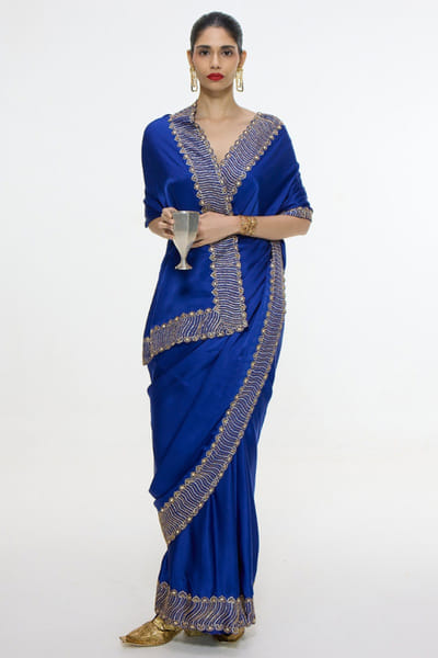 Navy blue embroidered sari set