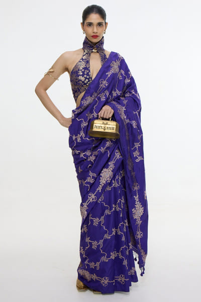 Royal blue woven silk sari