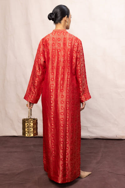 Ekaya Red embossed handwoven banarasi kurta set EKAYJUL26D148966