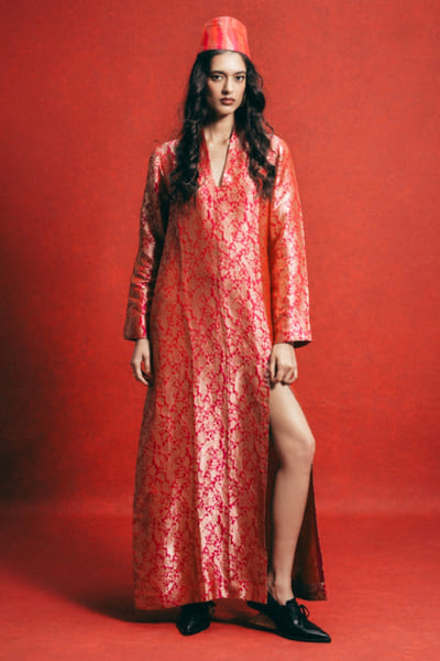 Pink embossed banarasi silk kaftan