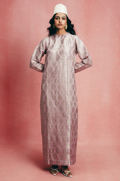 Mauve embossed banarasi silk kaftan