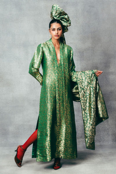 Emerald green embossed banarasi kaftan