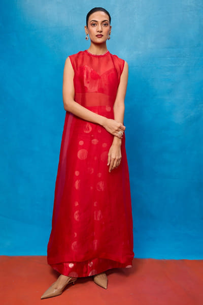 Ekaya Red cutwork handwoven banarasi kurta set EKAYJUL26D148969