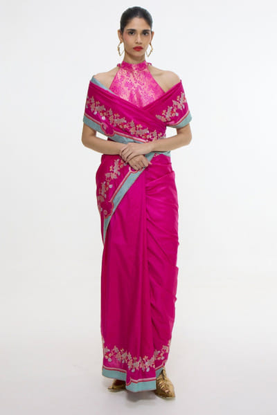 Fuchsia woven mashroo silk sari