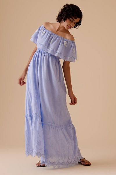 Blue floral embroidered off-shoulder dress