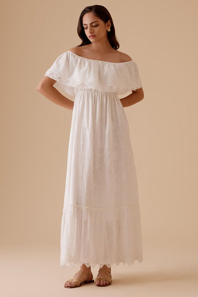 Ivory floral embroidered off-shoulder dress