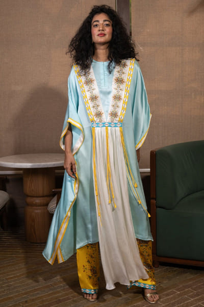 Saim Blue-yellow printed asymmetric kaftan set SAIMMAY26D145596
