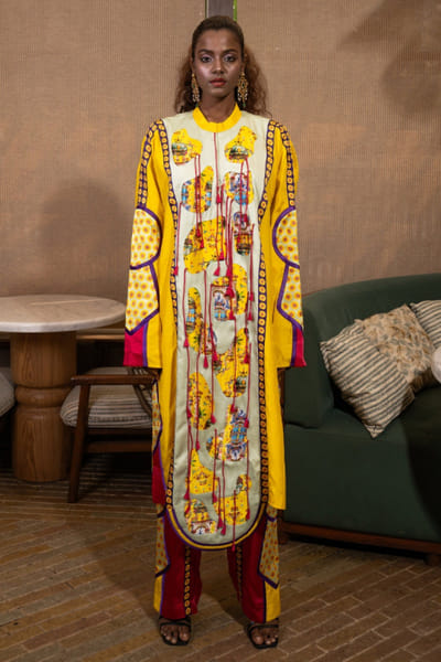 Saim Mustard-fuchsia printed patchwork kurta set SAIMMAY26D145602