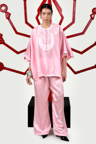 Saim Pink patchwork chanderi silk cape set SAIMJUL26D150849