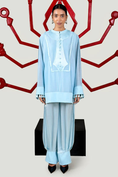 Saim Sky blue patchwork chanderi silk co-ord set SAIMJUL26D150851