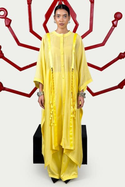 Saim Yellow chanderi silk tie-up kaftan set SAIMJUL26D150847