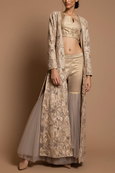 Gold and beige long jacket with gharara