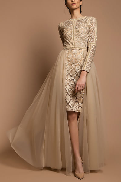 Beige sheer embellished gown