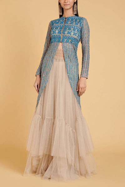 Blue embroidered tulle jacket and skirt set