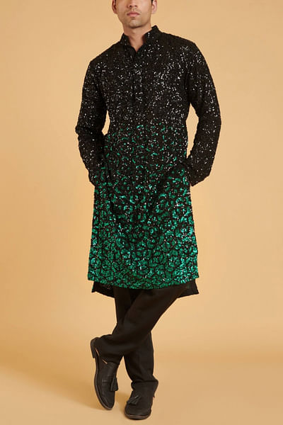 Black and emerald embellished kurta set