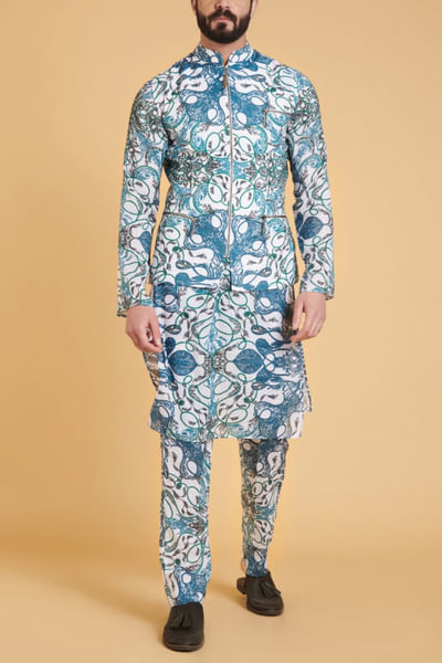 Ivory printed linen kurta set
