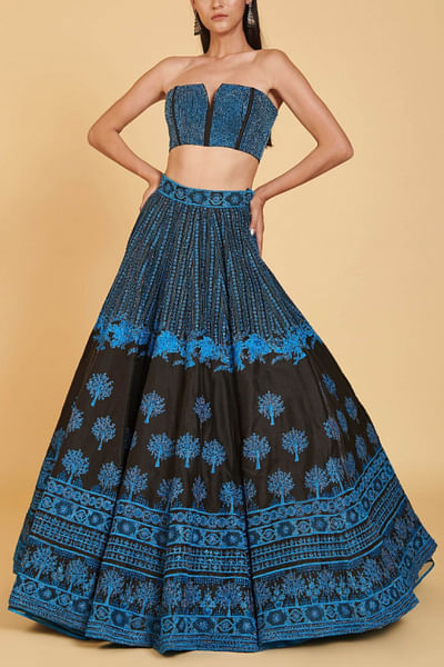 Black and blue embroidered lehenga set
