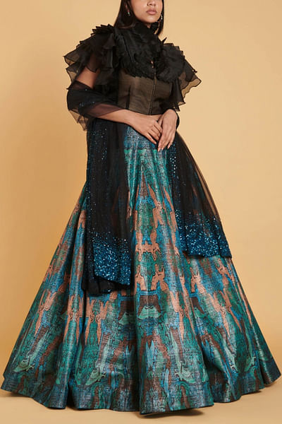 Emerald bird printed lehenga set