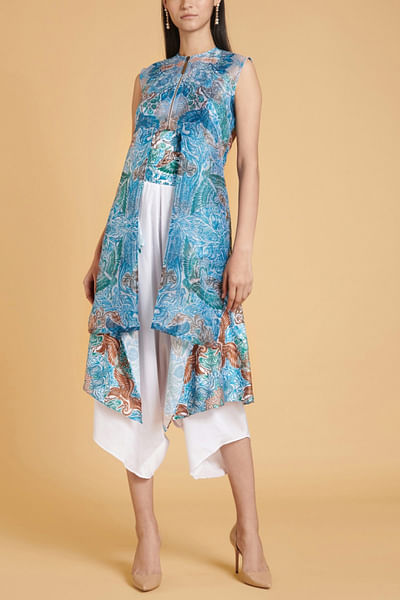 Ivory bird printed achkan and pants set