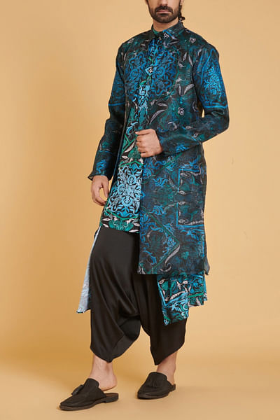 Black printed achkan and kurta set