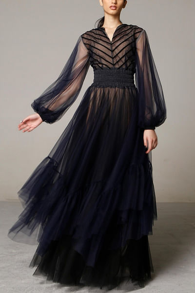 Navy layered tulle gown