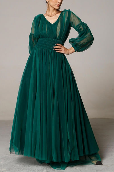 Emerald tulle layered gown
