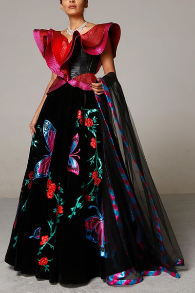 Black velvet and metallic lehenga set