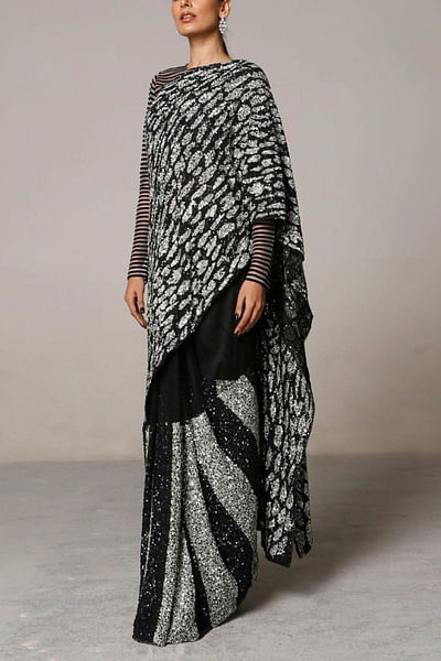 Black and grey sequin sari set