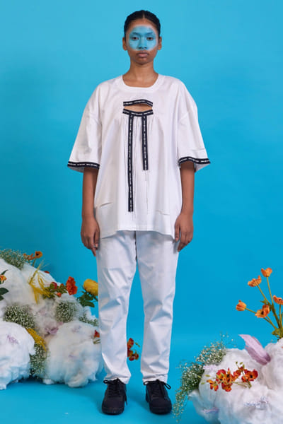 Saim White logo printed stripe corded t-shirt SAIMMAY26D145628