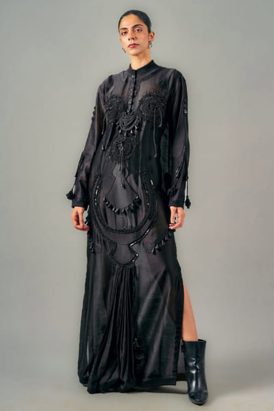 Black embroidered drape dress