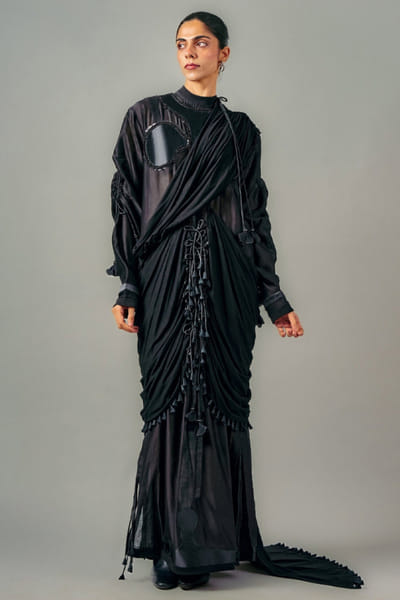 Black embroidered drape dress