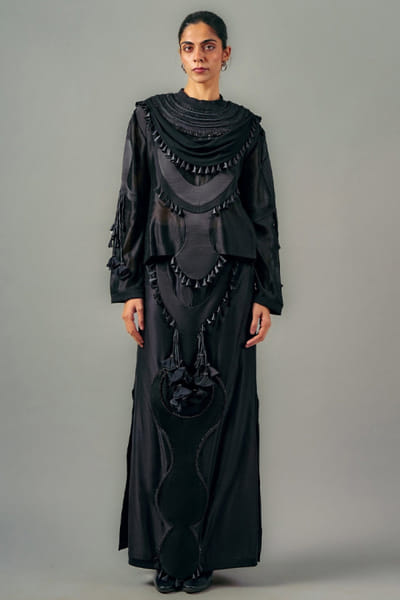 Black embroidered drape top and skirt set
