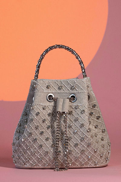 Silver 3D bead-crystal embroidered bucket bag