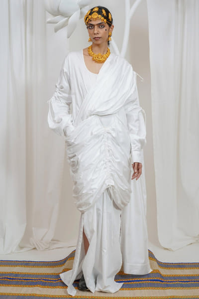 Saim White giza cotton pre-draped sari style dress SAIMMAY26D145616