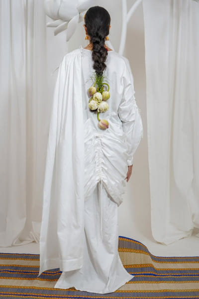Saim White giza cotton pre-draped sari style dress SAIMMAY26D145616