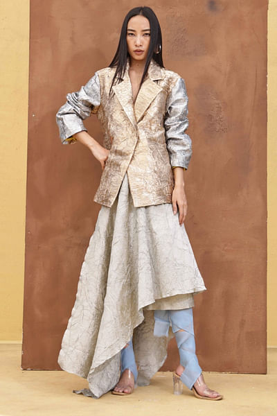 Silver bronze crushed blazer and drape skirt