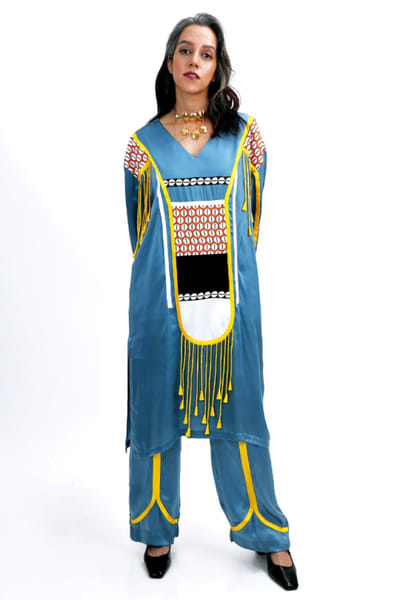 Saim Blue printed patchwork tasseled kurta set SAIMMAY26D145606