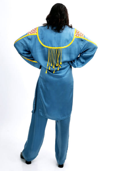 Saim Blue printed patchwork tasseled kurta set SAIMMAY26D145606