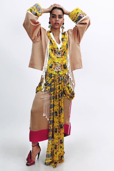 Saim Camel brown printed patchwork jacket set SAIMMAY26D145609