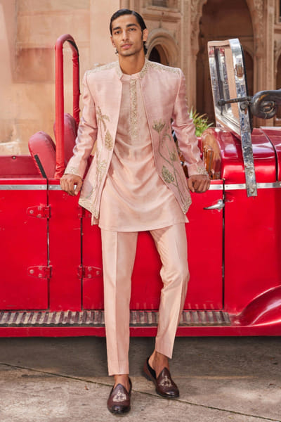 Pink palm tree leather patchwork jacket set