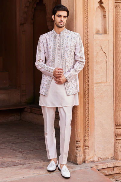 Ice grey floral hand embroidered jacket set