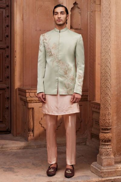 Sage green floral embroidered jacket kurta set